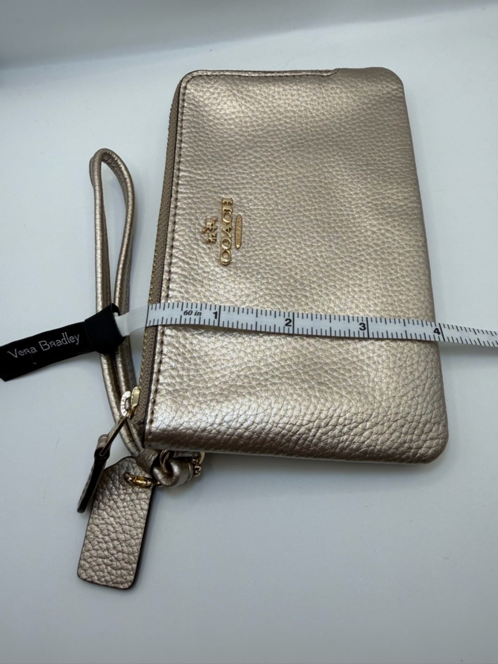 Coach Metallic Gold Pebbled Leather Double Zip Wristlet Pouch Wallet Clutch GUC - Picture 11 of 12